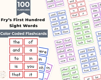 Tarjetas de vocabulario de las primeras 100 palabras visuales de Fry, codificadas por colores (imprimibles)