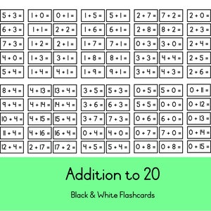 Könnte beinhalten: Schwarz-weiße Karteikarten mit Additionsproblemen bis 20. Die Karteikarten befinden sich auf einem grünen Hintergrund mit dem Text "Addition bis 20" und "Schwarz-weiße Karteikarten".