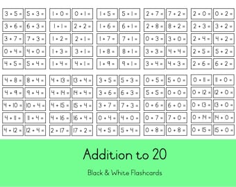 Tarjetas didácticas de sumas: Matemáticas elementales hasta el 20 (PDF)