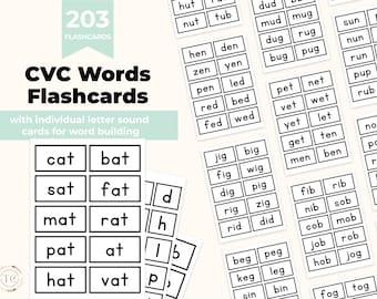 Tarjetas de vocabulario CVC / Fonética, lectura (203 tarjetas) (Descarga digital)