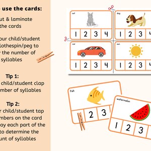 May include: Educational cards for identifying syllables. The cards feature illustrations of a cat, dog, car, sun, fish, and watermelon. Each card has numbered boxes for syllable counting. Instructions on how to use the cards are included, along with clothespins.