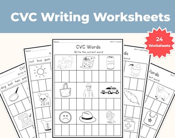 Hojas de trabajo para escribir palabras CVC, nivel inicial de primaria (PDF)