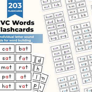 May include: A set of 203 CVC word flashcards with individual letter sound cards for word building. The flashcards are black and white with red, blue, and purple accents. The words are printed in black and white with red, blue, and purple accents.