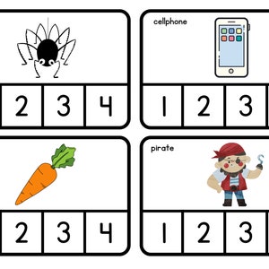 May include: Four flashcards with illustrations. A black and white spider, a smartphone, an orange carrot with green leaves, and a cartoon pirate with a hook. Each card has boxes numbered 1 through 4.