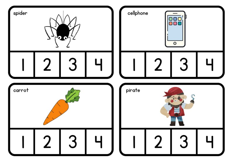 May include: Four flashcards with illustrations. A black and white spider, a smartphone, an orange carrot with green leaves, and a cartoon pirate with a hook. Each card has boxes numbered 1 through 4.