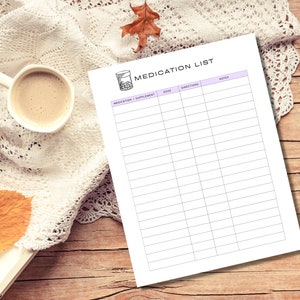 May include: A printable medication list with columns for medication or supplement, dose, directions, and notes. The list is designed to help people keep track of their medications.