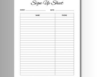 Printable General Sign-Up Sheet  | Sign-Up Tracker | Letter PDF | Instant Download