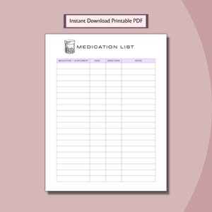 May include: Printable medication list with a black and white illustration of a pill bottle with pills inside. The list has columns for medication or supplement, dose, directions, and notes.