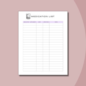 Printable Medication List  | Medication Tracker | Letter PDF | Instant Download