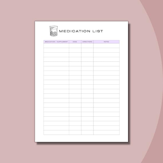 Printable Medication List  | Medication Tracker | Letter PDF | Instant Download