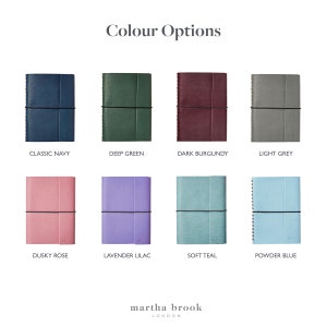 The colour option swatch for the A6 vegan leather notebook. From left to right is classic navy, deep green, dark burgundy, light grey. On the second line, from left to right, dusky rose, lavender lilac, soft teal and powder blue.