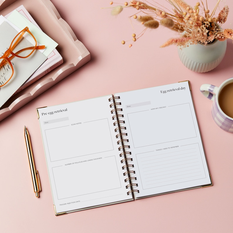 The IVF planner is laid open on a pink background to reveal the egg retrieval day. The journal is flat open next to a gold pen.