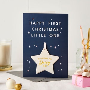 Tarjeta de decoración celestial para la primera Navidad del bebé - Primera Navidad del bebé - Estrella del árbol de Navidad - Tarjeta navideña personalizada
