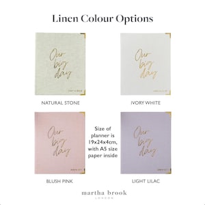 May include: Four linen planners in natural stone, ivory white, blush pink, and light lilac. Each features gold corner protectors and the gold foil text "Our big day" with personalized names. The planners measure 19x24x4 inches with A5 paper.