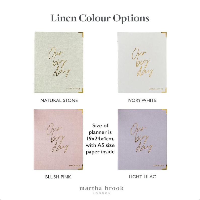May include: Four linen planners in natural stone, ivory white, blush pink, and light lilac. Each features gold corner protectors and the gold foil text "Our big day" with personalized names. The planners measure 19x24x4 inches with A5 paper.