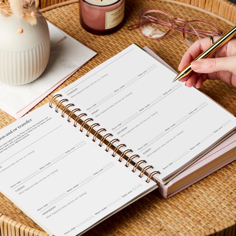 The IVF book is laid flat open to show a double page spread of the embryo transfer or an alternative protocol.A hand is poised to write in the IVF planner. The IVF journal is placed on a coffee table with a pair of glasses and a candle.