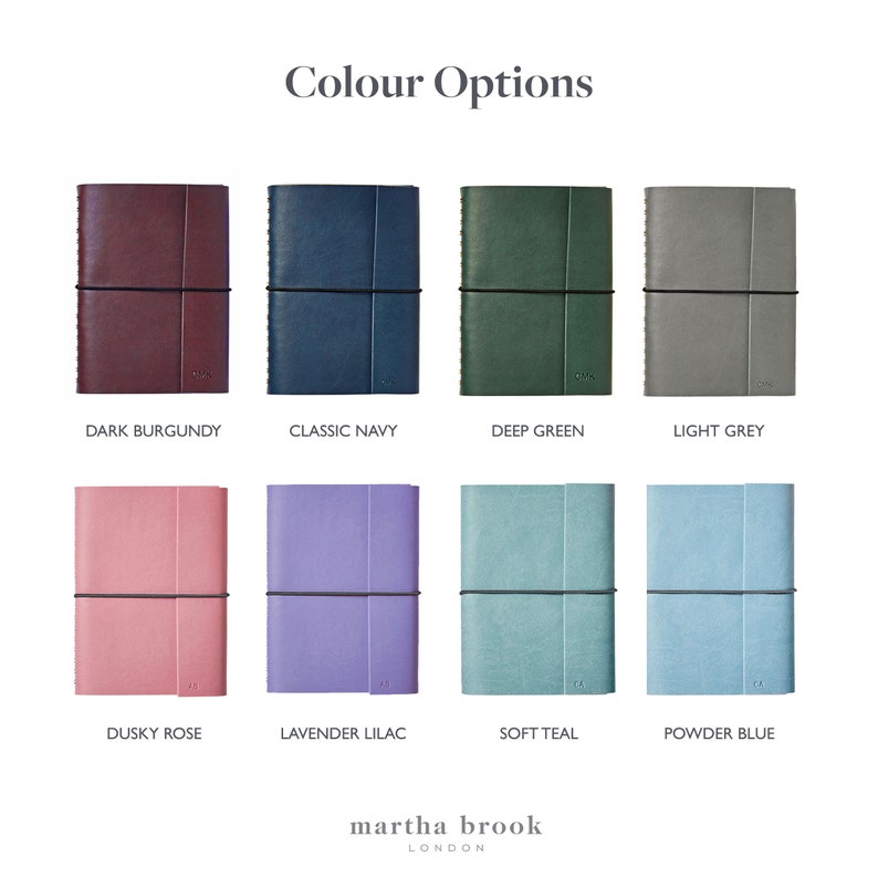 The colour options available for the A5 vegan leather notebook. The options available are dark burgundy, classic navy, deep green, light grey, dusky rose, lavender lilac, soft teal and powder blue.