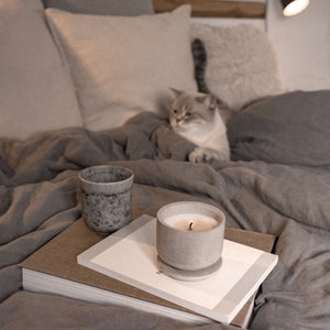 May include: A lit candle in a gray concrete holder sits on a stack of books. A small gray ceramic cup is next to the candle. The items are on a bed with gray bedding. A cat is in the background.