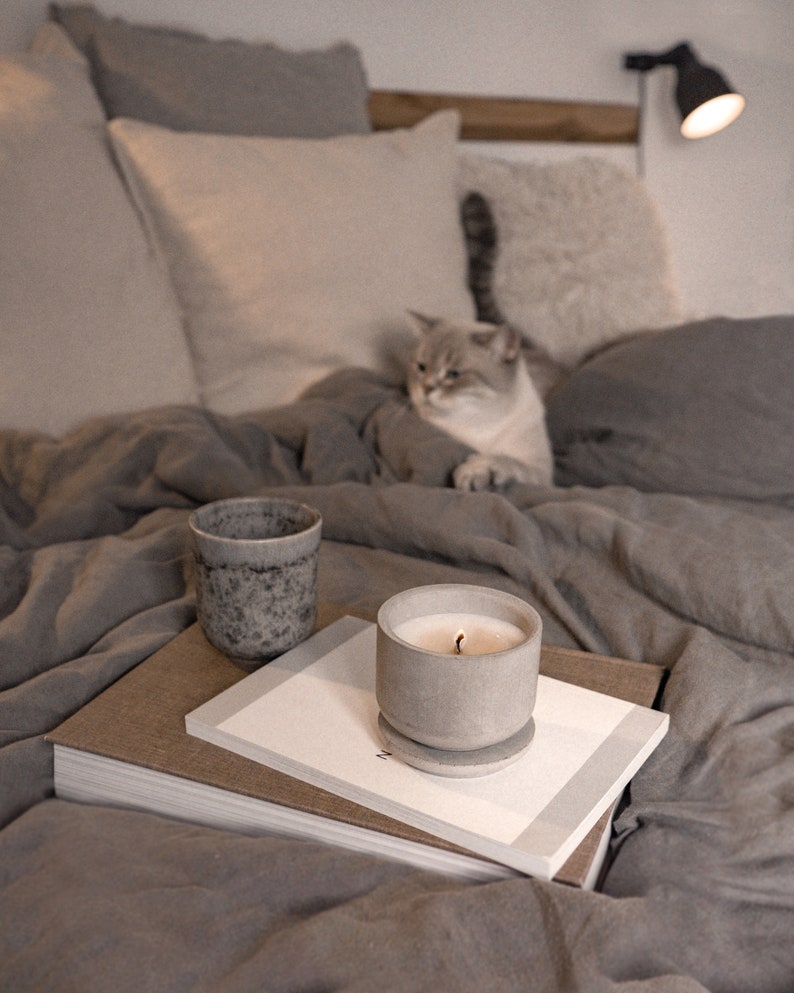 May include: A lit candle in a gray concrete holder sits on a stack of books. A small gray ceramic cup is next to the candle. The items are on a bed with gray bedding. A cat is in the background.