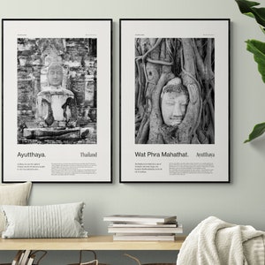 Buddha Print 2er Set, Reisefotografie, Infografik Poster Thailand, Ayutthaya, Wandkunst, schwarz weiss Poster, Digital Download Print.