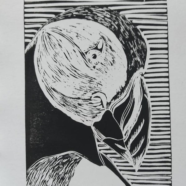 Maskonur puffin Linocut