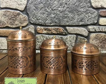 Handmade Embroidered Copper Spice Set, Turkish Kitchen Decor