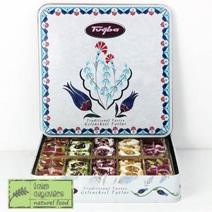 Mixed Turkish delight with tulip logo in metal box, Authentic, Traditional candy, gift, 500gr
