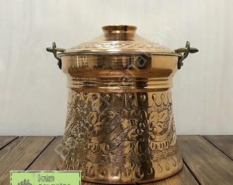 Handmade Tinned Copper Bucket, Engraved Floral Design, Kitchen Decor