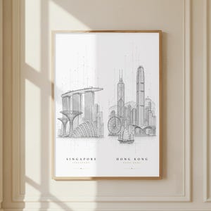 Op de afbeelding: Een verticale rechthoekige wandkunstprint met zwart-witte architecturale lijntekeningen van de skylines van Singapore en Hongkong. De print bevat technische rasterlijnen en de tekstlabels Singapore en Hongkong aan de onderzijde.