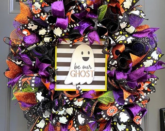 Halloween Deco Mesh Wreath. Purple and Green Halloween Wreath. Ghost Wreath. Halloween Ribbon Wreath. Halloween Decor. Front Door Halloween.