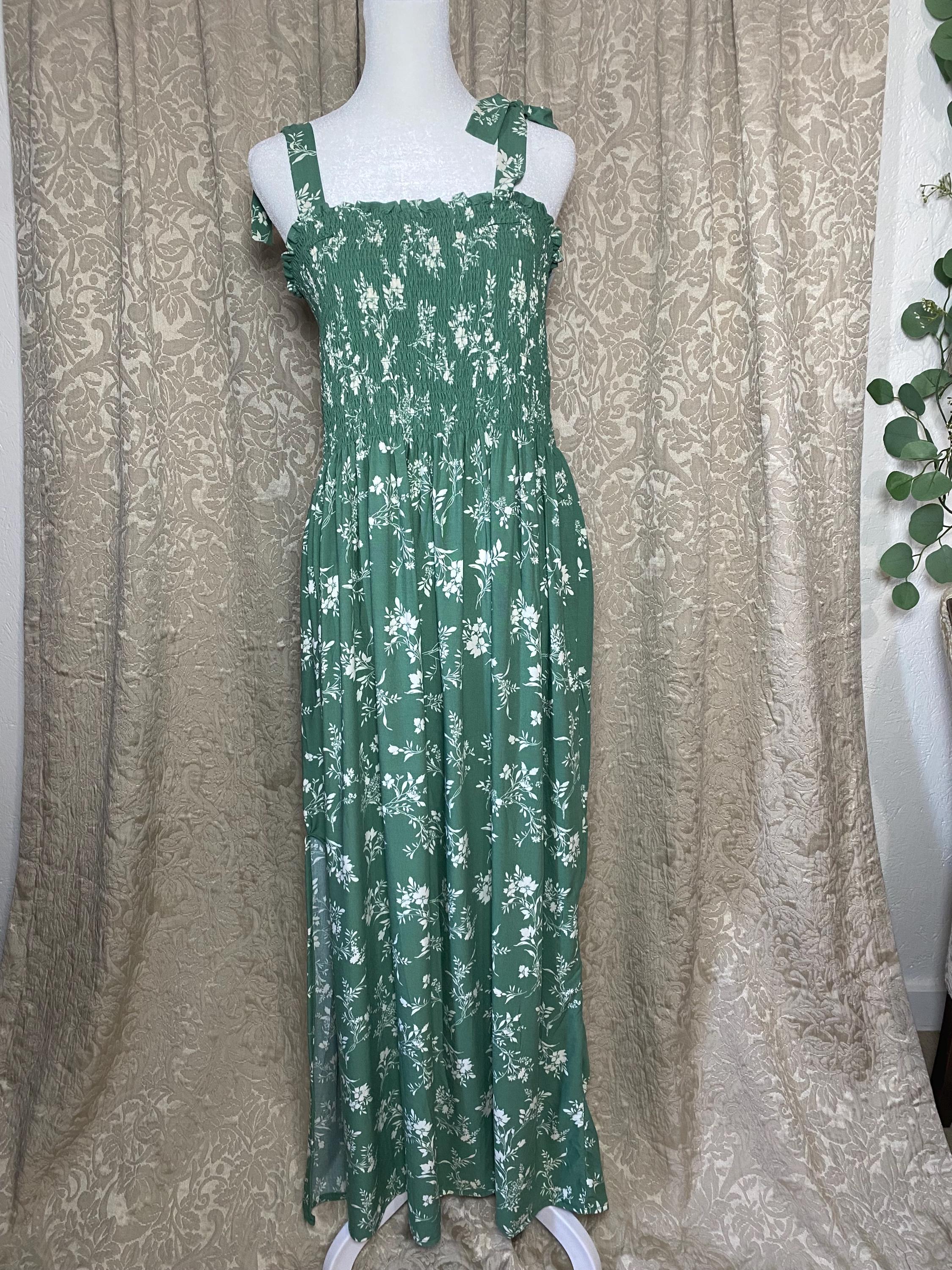 Green Floral Smocked Dress - Etsy