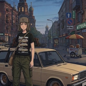 Puede incluir: Ilustración de estilo anime de una persona de pie junto a un coche beige en una calle de la ciudad. La persona lleva una camiseta negra con gráficos y texto de coches, pantalones cargo verde oliva y un gorro de piel. El fondo presenta edificios y una iglesia.