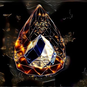 Pode incluir: Uma grande gema facetada em forma de lágrima com um brilho dourado, laranja e azul. A gema está colocada sobre um fundo preto.