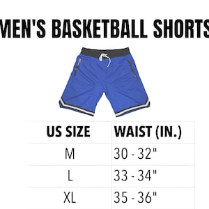 May include: Blue basketball shorts with white trim and black drawstring. Size chart shows US sizes M, L, and XL with corresponding waist measurements in inches.
