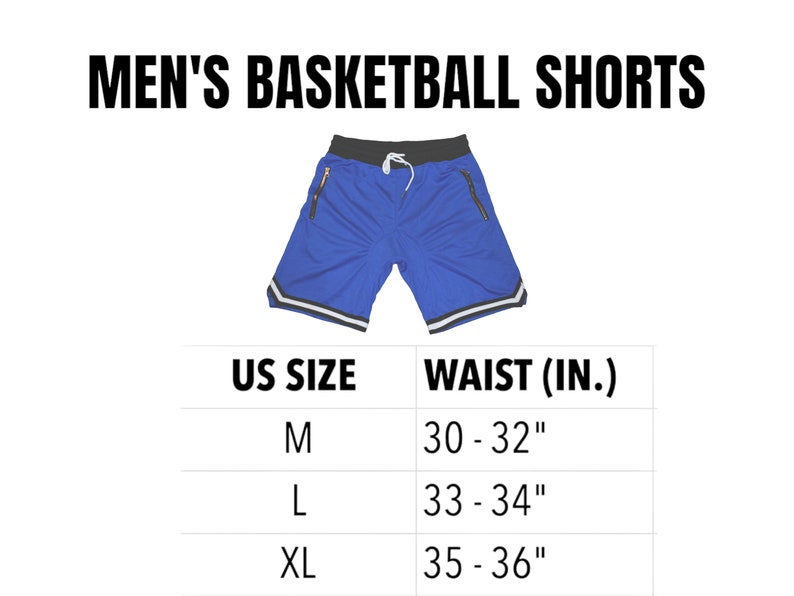 May include: Blue basketball shorts with white trim and black drawstring. Size chart shows US sizes M, L, and XL with corresponding waist measurements in inches.