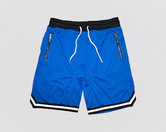 Shorts de basquete atlético vintage, shorts de corrida azuis - costura interna de 7 polegadas