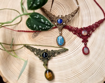 Macrame necklace, hand-knotted with gemstones