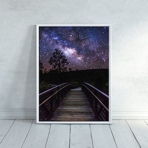 Impresión de cielo nocturno, cartel de cielo estrellado, paisaje nocturno, paisaje, arte de pared imprimible, paisaje de descarga instantánea, arte de pared de la Vía Láctea