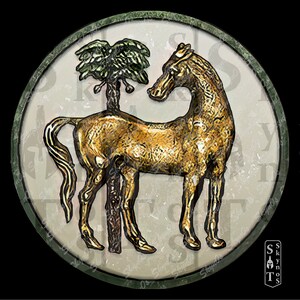 May include: A circular, green-rimmed, white-background sign with a gold horse standing on its hind legs. The horse is facing left and has a green palm tree behind it. The sign has a distressed, vintage look.