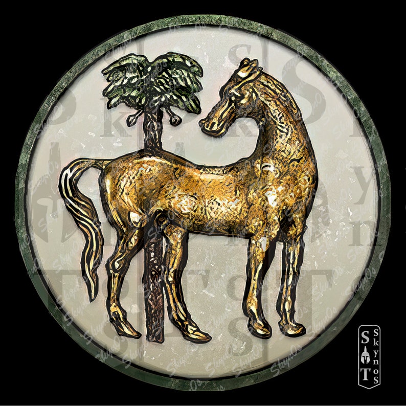 May include: A circular, green-rimmed, white-background sign with a gold horse standing on its hind legs. The horse is facing left and has a green palm tree behind it. The sign has a distressed, vintage look.
