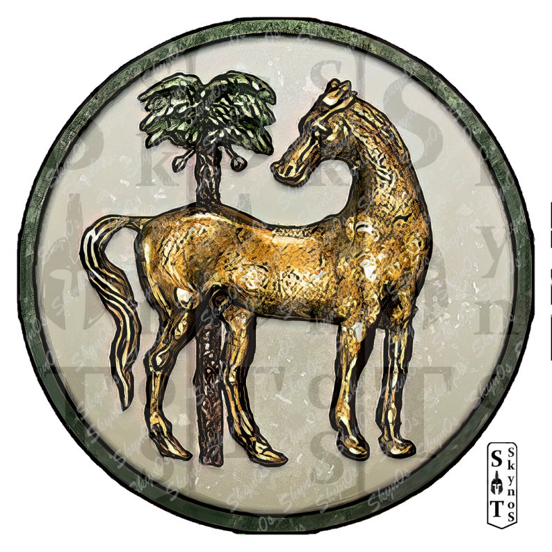 May include: A circular, green and gold emblem with a horse standing on its hind legs. The horse is gold with a green palm tree behind it. The emblem has a green border with a white background.