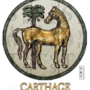 May include: A circular, green-bordered image with a white background. The image depicts a gold-colored horse standing on its hind legs, with a green palm tree behind it. The text 'CARTHAGE' is written in gold letters below the image.