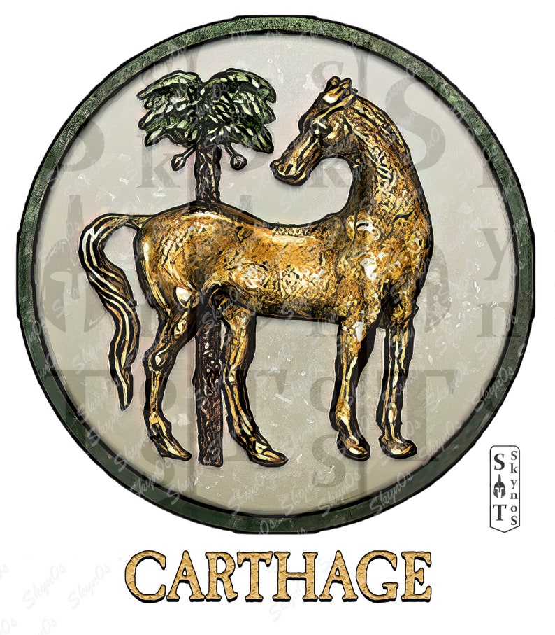 May include: A circular, green-bordered image with a white background. The image depicts a gold-colored horse standing on its hind legs, with a green palm tree behind it. The text 'CARTHAGE' is written in gold letters below the image.
