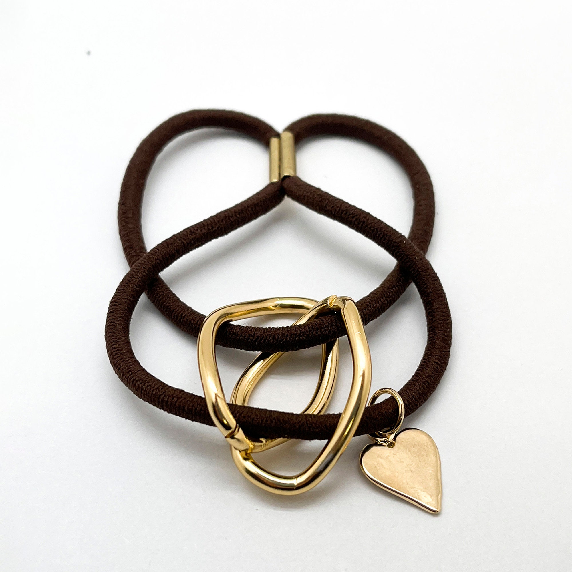 Gold Heart Charm Hair Tie: Brown Elastic Hair Band - Etsy display picture 1