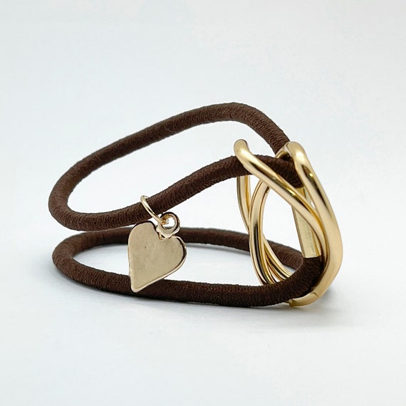Gold Heart Charm Hair Tie: Brown Elastic Hair Band - Etsy display picture 1