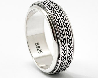 Sterling Silver Spinner Ring: Men's Fidget Jewelry, Rope Design