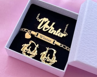 Custom Baby Jewelry Set, Name Hoop Earrings, Stainless Steel