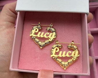 Benutzerdefinierte Name Bambus Herz Ohrringe, personalisierte Kinder Schmuck
