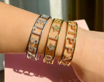 Custom Zirconia Initial Bangle, Crystal Name Jewelry, Personalized Women's Gift