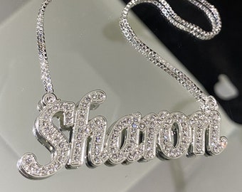 Name Plate, Silver Diamond Name Necklace, Custom Bling Name Necklace, Iced Out Nameplate, Personalized Name Necklace For Women